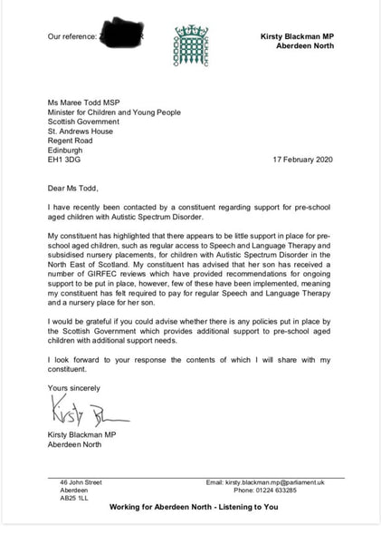 MSP Letter - Autism Support for Early Years